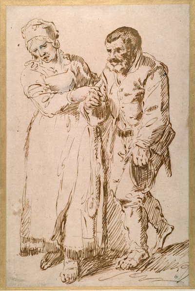 Trinnene til en eldre bonde ledet av sin kone (penn og blekk med kritt på papir) av Joos van (attr. to) Craesbeeck