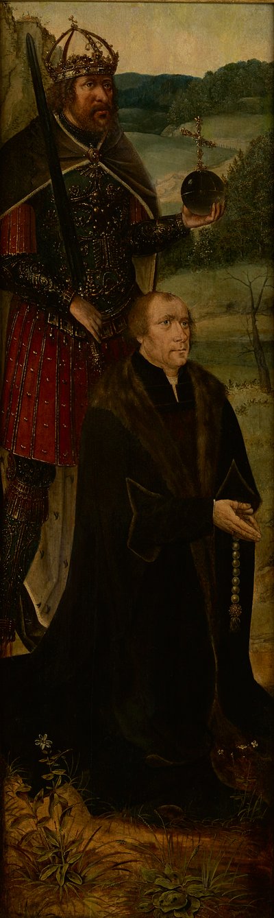 Kong Konstantin og en giver; en fløy på en altertavle (olje på panel) av Joos van (follower of) Cleve