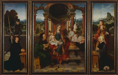 Den hellige familie, ca 1530, av Joos Van Cleve (1485-1540), triptyk. Belgia av Joos van Cleve