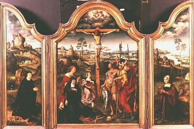 Triptyk: Korsfestelse flankert av knelende givere (olje) av Joos van Cleve