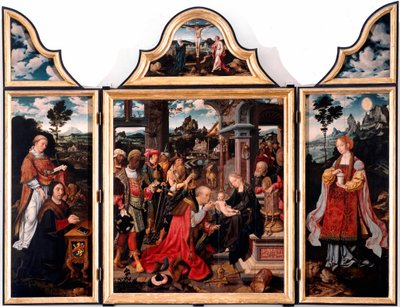 Tryptic of Adoration of the Magi. Maleri på tre av Joos Van Cleve den unge (1485-1540) 1515 Dim. 260x200 cm Genes, San Donato-kirken av Joos van Cleve