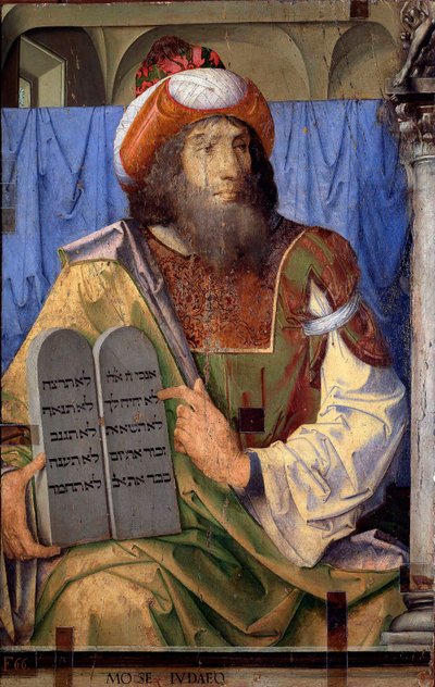 Portretter av berømte menn: Moses og lovtabeller. Maleri av Joos van Wassenhove (eller Justus van Gent også kjent som Josse eller Jodocus av Ghent, eller Giusto di Ghent eller Juste de Ghent, aktiv mellom 1460-1475). Maling på tre. Mål: 74 x 115 cm. Museo  av Joos van Gent (fl.1460 75)
