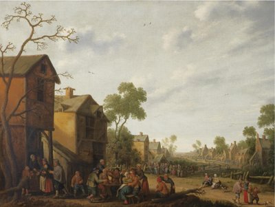 En landsbyscene med bønder som spiser og drikker utenfor et vertshus, tiggere til venstre av Joost Cornelisz Droochsloot
