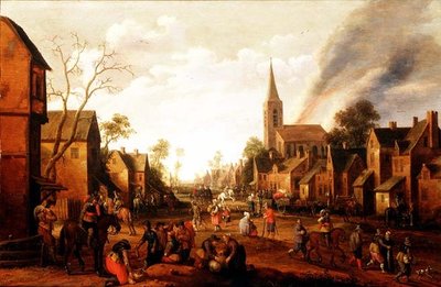 Soldater plyndrer en landsby av Joost Cornelisz. Droochsloot