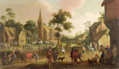 Reisende, tiggere og hestekopere i en landsby av Joost Cornelisz. Droochsloot