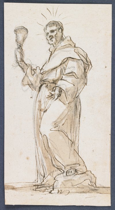 Standing Male Saint Holding a Chalice, sent på 1600-tallet (penn og brunt blekk og vask over svart kritt) av Jorge Preu
