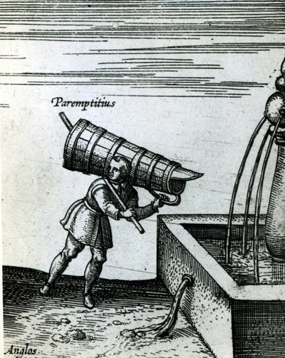 En lærling henter vann fra en fontene (detalj av 105365) av Joris Hoefnagel