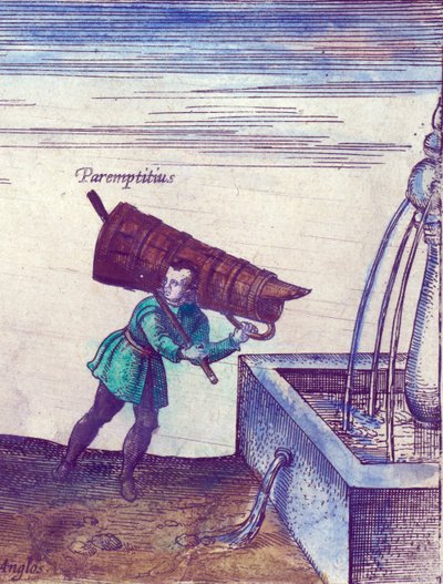 En lærling henter vann fra en fontene, 1598 håndfarget kobbergraveringsdetalj av 324184 av Joris Hoefnagel