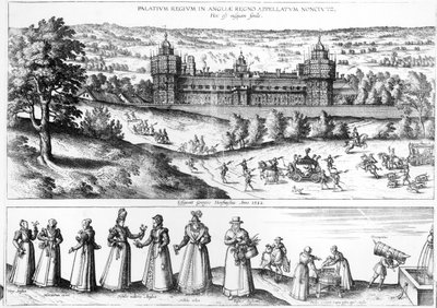 Ankomst av dronning Elizabeth I til Nonsuch Palace og menn og kvinner fra Tudor-samfunnet, 1582 av Joris Hoefnagel