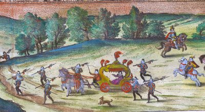 Ankomst av dronning Elizabeth I til Nonesuch Palace med hennes hoffmenn, vakter og hunder, 1598 håndfarget kobbergraveringsdetalj av 324184 av Joris Hoefnagel