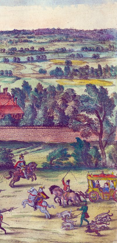 Courtiers og jakthunder som ledsager ankomsten av dronning Elizabeth I til Nonsuch Palace, 1598 håndfarget kobbergraveringsdetalj av 324184 av Joris Hoefnagel
