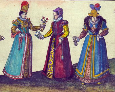 Engelske kvinner fra Elizabethan-tiden, 1598 håndfarget kobbergraveringsdetalj av 324184 av Joris Hoefnagel