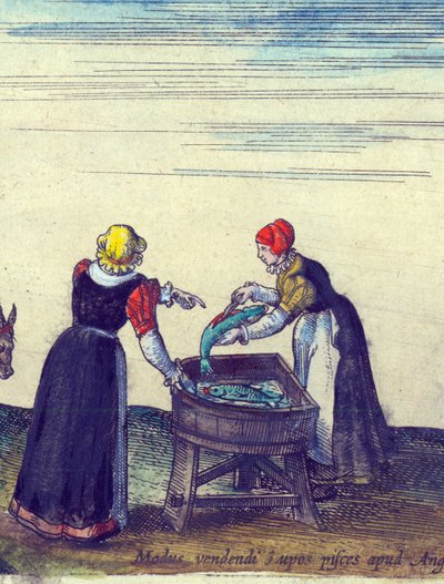 Fiskekoner som selger og sløyer gjedde, 1598 håndfarget kobbergraveringsdetalj av 324184 av Joris Hoefnagel