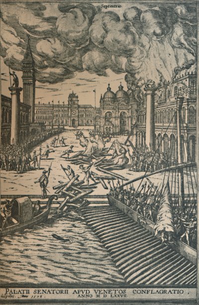 The Burning of the Doges Palace, 1578, 1925. av Joris Hoefnagel