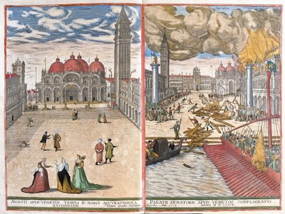 Venezia, Italia: Markuskirken og brannen ved den venetianske doges palass i 1577 (tegning av Joris Hoefnagel