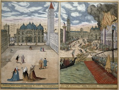 Utsikt over San Marco, og Palazzo Ducale i brann, fra 'Civitates Orbis Terrarum' av Georg Braun (1541-1622) og Frans Hogenberg (1535-90) 1578 av Joris Hoefnagel