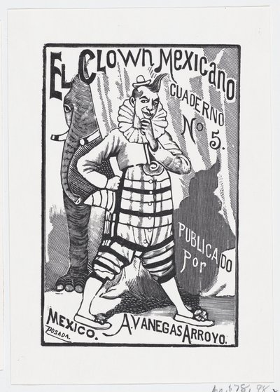 En klovn som står med en hånd på hoften og en elefant som titter ut bakfra..., ca. 1880-1910. av José Guadalupe Posada