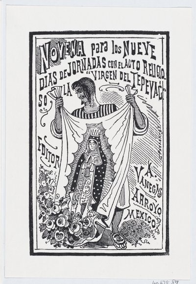 En mann som holder opp et stykke stoff med et bilde av jomfruen, illustrasjon for ..., ca. 1880-1910. av José Guadalupe Posada