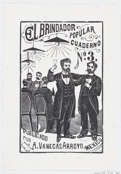 En mann hever glasset med en gruppe menn som sitter ved et bord i bakgrunnen,..., ca. 1890-1899. av José Guadalupe Posada