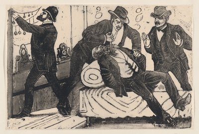 En mann knivstikker en annen mann i brystet mens hans kollegaer plyndrer en butikk, fra en..., ca. 1890-1891. av José Guadalupe Posada