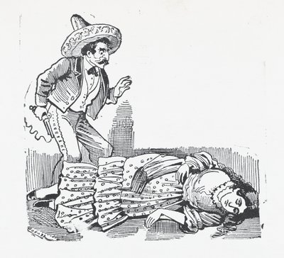 En mann med en pistol stående over en kvinne han nettopp har skutt, ca. 1880-1910., ca. 1880-1910. av José Guadalupe Posada