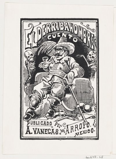 A man with weapons and a pipe in his mouth flanked by two skeletons, illustration..., ca. 1880-1910.    1146473   no       norwegian Successfully Translated  Original: Flowers with Yellow Rose Translat: Flowers with Yellow Rose 1316742 no norwegian Success av José Guadalupe Posada