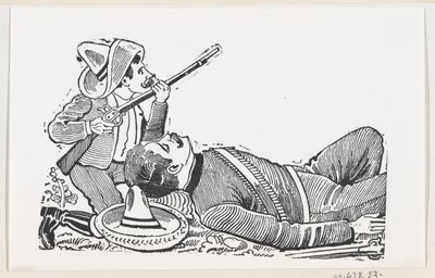 En revolusjonær som holder en rifle og kneler for å beskytte en fallen revolusjonær, ca. 1880-1910. av José Guadalupe Posada