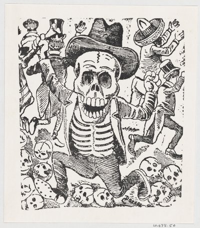 Et skjelett som holder et bein og hopper over en haug med hodeskaller mens folk flykter, fr..., ca. 1907. av José Guadalupe Posada