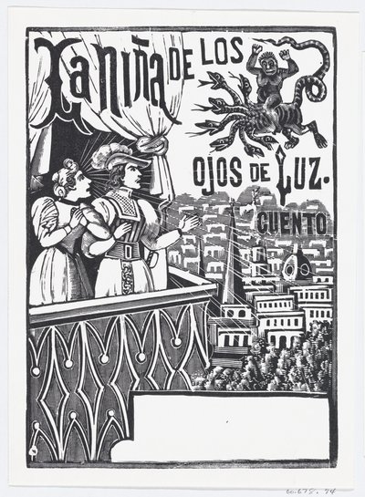 En kvinne og en mann som står på en balkong og ser opp på et flygende monster på himmelen..., ca. 1880-1910. av José Guadalupe Posada