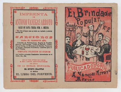 Cover for «El Brindador Popular», en mann som hever en skål for en gruppe mennesker som sitter..., ca. 1880-1910. av José Guadalupe Posada