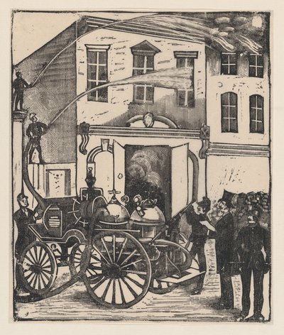 Brannmenn slukker en brann i et hus, brannbil i forgrunnen, ca. 1880-1910., ca. 1880-1910. av José Guadalupe Posada