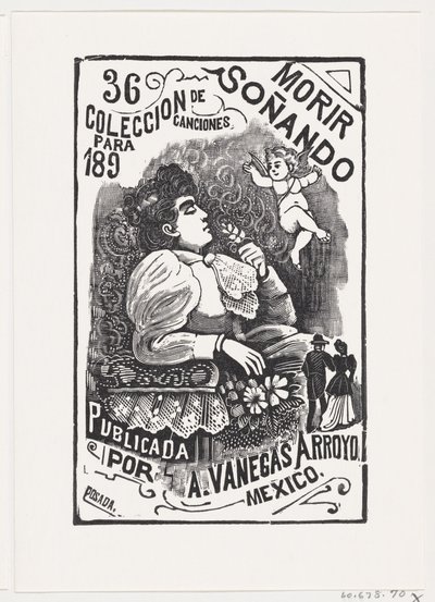 Profil av en kvinne som sitter i en stol med hodet bakover og holder en blomst, il..., ca. 1890. av José Guadalupe Posada