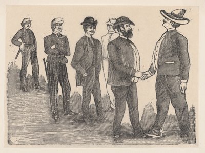 To menn håndhilser i forgrunnen og offiserer ser på dem i bakgrunnen..., ca. 1880-1910. av José Guadalupe Posada