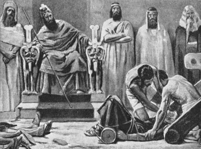 Sidkia blir blindet og ført til Babylon, 586 f.Kr. (litografi) av Jose (after) Villegas y Cordero
