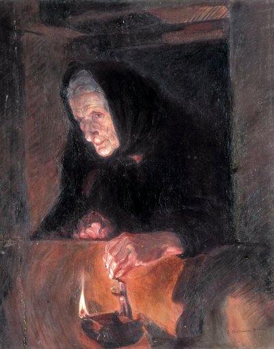 Gammel dame har oljelampen. Maleri av Jose BENLLIURE ORTIZ (1884-1916) Olje på lerret. Valencia. Museum of Bellas Artes San Pio V. av Jose Benlliure Ortiz
