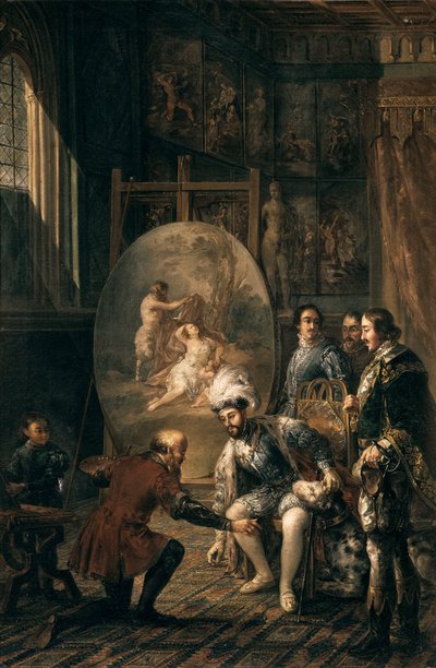 ""keiseren Charles V (1500-1558) plukket opp penselen til maleren Tiziano Vecellio sa Titian (1485-1576), maler ved keiserens hoff"" Maleri av Jose Felipe Parra (1824-1864) Valencia fra 1800-tallet , Museo de Bellas Artes San Pio V av Jose Felipe Parra