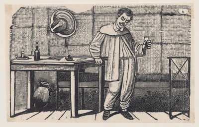 En mann med et glass i hånden som ser nedover og lener seg mot et bord, en illustrasjon fra «El huérfano» av José Guadalupe Posada