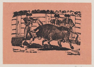 Ein Torero platziert Banderillas in die Schultern des Stiers, während zwei Männer hinter dem Stier stehen av José Guadalupe Posada