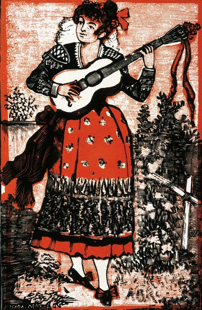 Cover av en sangbok som representerer en meksikansk kvinne med en gitar. Gravering av Jose Guadalupe POSADA (1852-1913). Gravering av José Guadalupe Posada