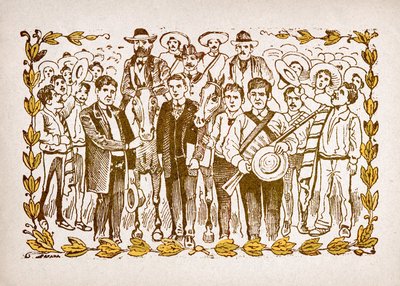 Mexico, meksikansk revolusjon: "" El Triunfo de Madero "" (Francisco Indalecio Madero Gonzalez (1873-1913) valgt til president med støtte fra revolusjonære Villa og Zapata. Portrett på hesteryggen midt i mengden av hans tilhengere. Grav av José Guadalupe Posada