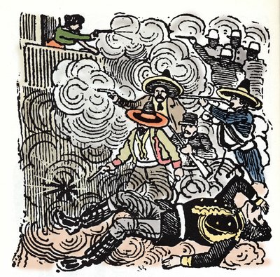 Den meksikanske revolusjonen (1910-1920): angrep på huset til Aquiles Serdan (1876-1910). Xylografi av Jose Guadalupe Posada (1852-1913). av José Guadalupe Posada