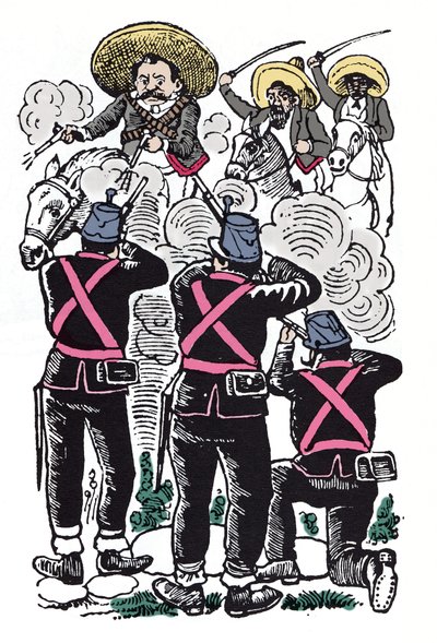 Den meksikanske revolusjonen (1910-1920): De føderales kamp mot de revolusjonære troppene til Emiliano Zapata (kjent som El Caudillo del Sur). av José Guadalupe Posada