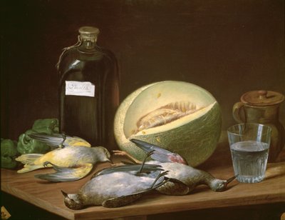131-0059638 Stilleben med melon og fugler av Jose Lopez Enguidanos