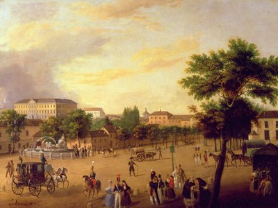 Utsikt over Cibeles-fontenen og Buenavista-palasset i Madrid av Jose Maria Avrial Y Flores