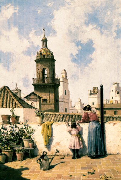 Takterrasse i Cadiz. En mor og datter vanner sannsynligvis plantene med vannkannen midt på terrassen. Maleri av Jose PEREZ SIGUIMBOSCUM (1800-tallet), sent på 1800-tallet Olje på lerret. Cadiz, Museo Provincial de Cadiz. av Jose Perez Siguimboscum