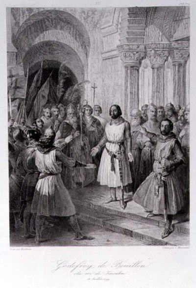 Godfrey av Bouillon (ca. 1060-1100) valgt til konge av Jerusalem, gravert av Leopold Massard (1812-89) (gravering) av Jose de (after) Madrazo y Garreta