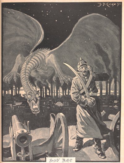 Tegning til diktet "Som natt". En drage som produseres av røyken fra fabrikker, bak en tysk soldat. En surrealistisk scene. av Josef Benedikt engl