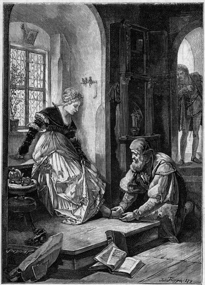 Eva i verkstedet til Hans Sachs (akt III av operaen “Die Meistersinger von Nurnberg””, på fransk “The Master Singers of Nuremberg”” av Richard Wagner, skrevet i 1868) basert på Joseph Fluggens maleri. Gravering i "The Illustrous World" av Josef Fluggen