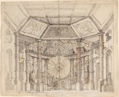 Scenedesign for et kuppelformet tempelinteriør med en solskive over alteret av Josef Ignáz Platzer
