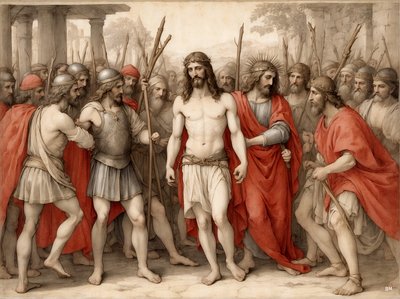 Jesus_hånet og slått av romerske soldater_02 av Josef Johann Michel